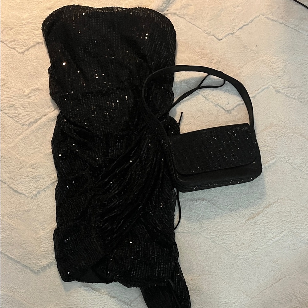 BUNDLE- Black Sequin Strapless Dress with Matching Bag